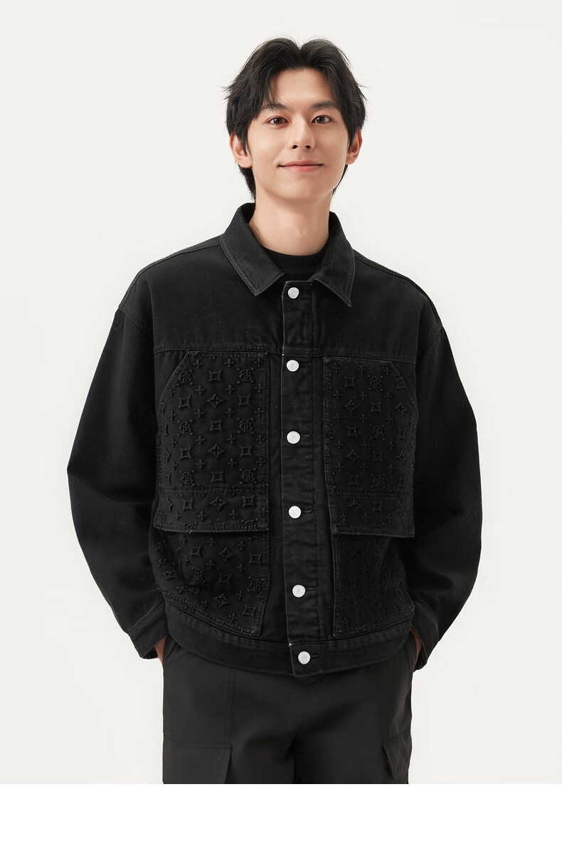 Gxgjeans Men's Black Quilted Vintage Pocket Monogram Denim Jacket 25 New Black 180/XL 2