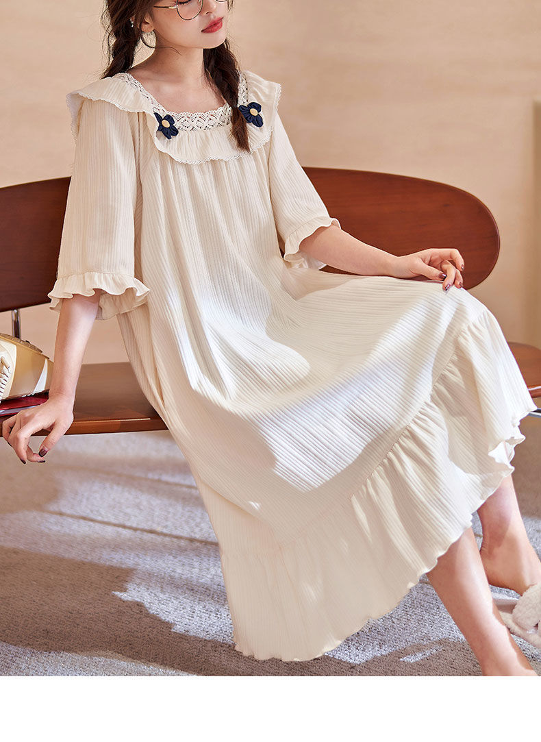 高质量女士夏季睡裙睡衣女宽松春夏季棉质睡裙甜美可爱公主风家居服可