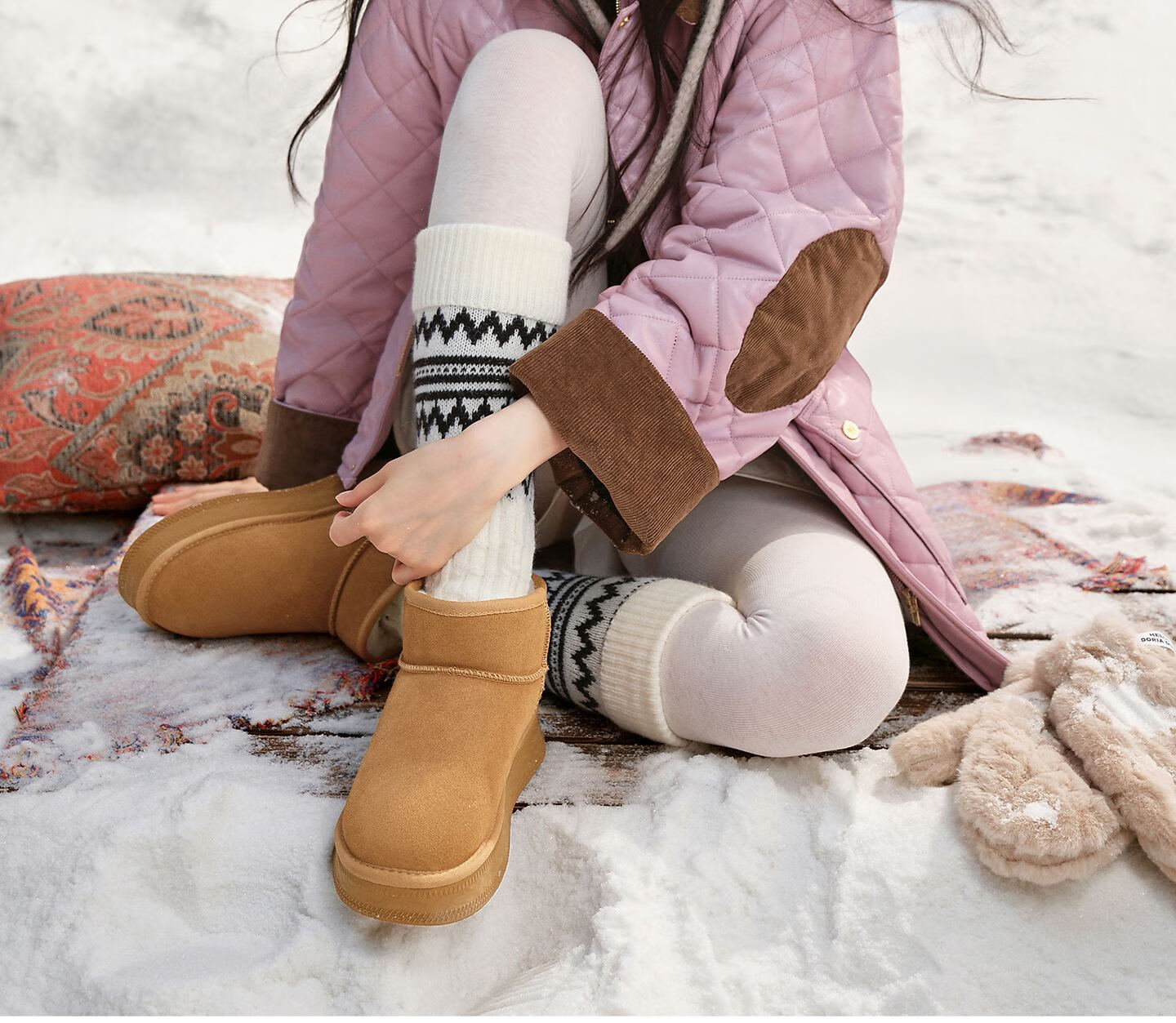 TATA Plush Snow Boots Winter Cotton Boots Thick Sole Snow Boots Apricot Gray (Fur Lining) Size 38 5