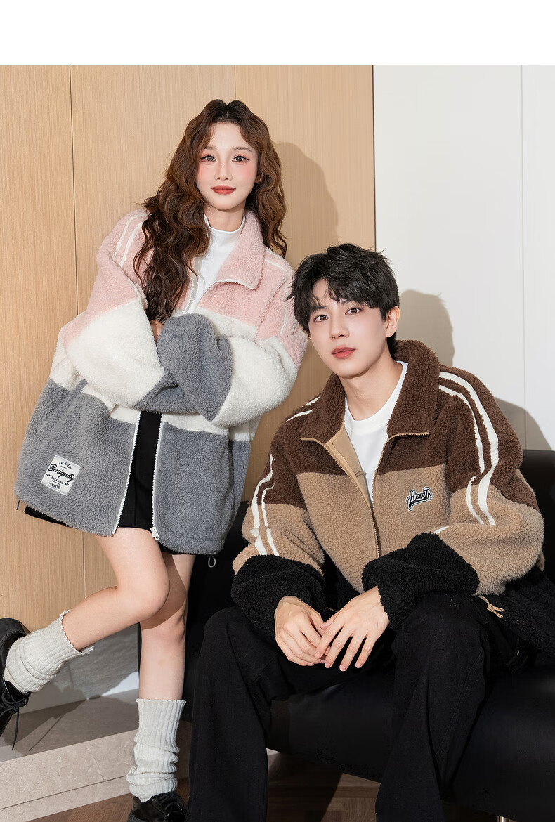 TonLion 2025 Winter Couple Stand Collar Patchwork Left Chest Embroidered Short Faux Shearling Thick Jacket 4