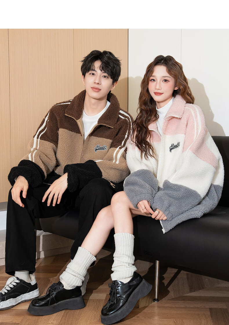 TonLion 2025 Winter Couple Stand Collar Patchwork Left Chest Embroidered Short Faux Shearling Thick Jacket 5
