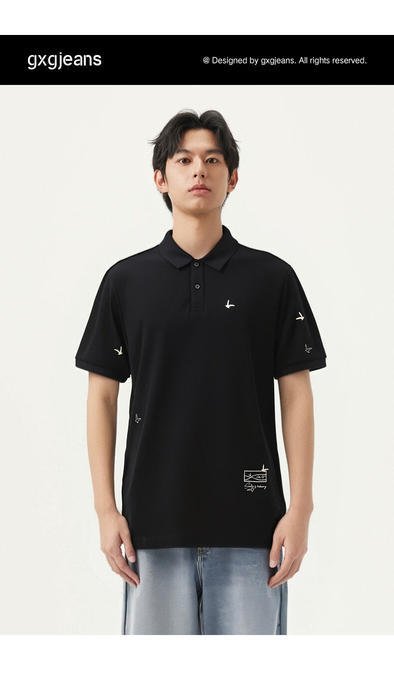 Gxgjeans Men's Embroidered Casual Fashion Polo Shirt with Turn-down Collar Short Sleeve 25 Summer New White 180/XL 1