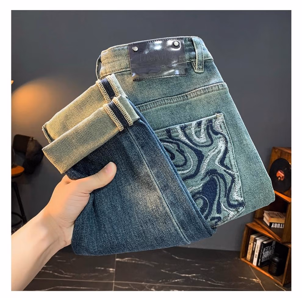 Embroidered Jeans Men's Autumn And Winter Trendy Brand Straight Slim Pants American Retro Gradual Change Of Color Prototype Casual Pants, Blue 28_viptrois.com