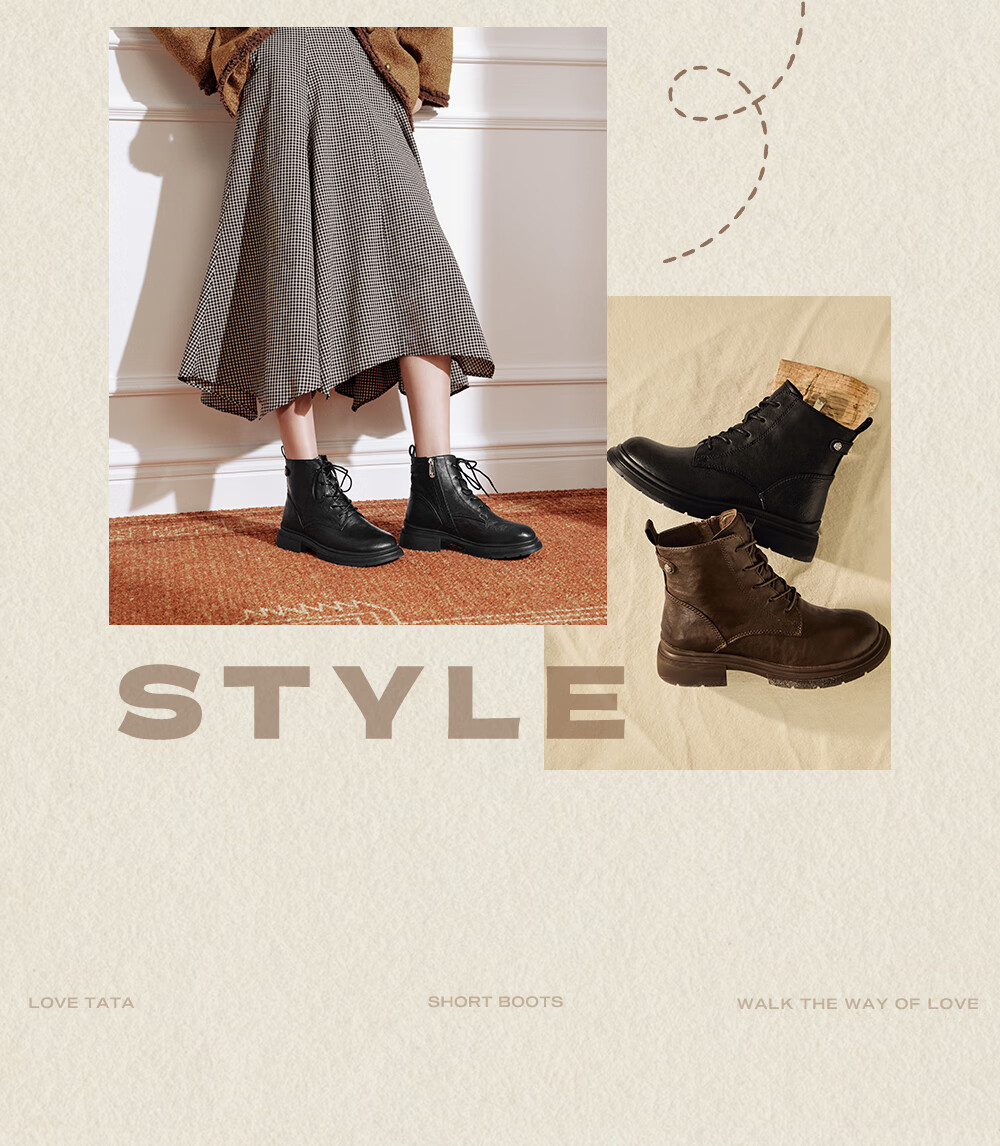 TATA 2025 Winter Fashion Thick-Soled Martin Boots Women's Short Boots Casual Brown (Fleece Lined) Size 37 3