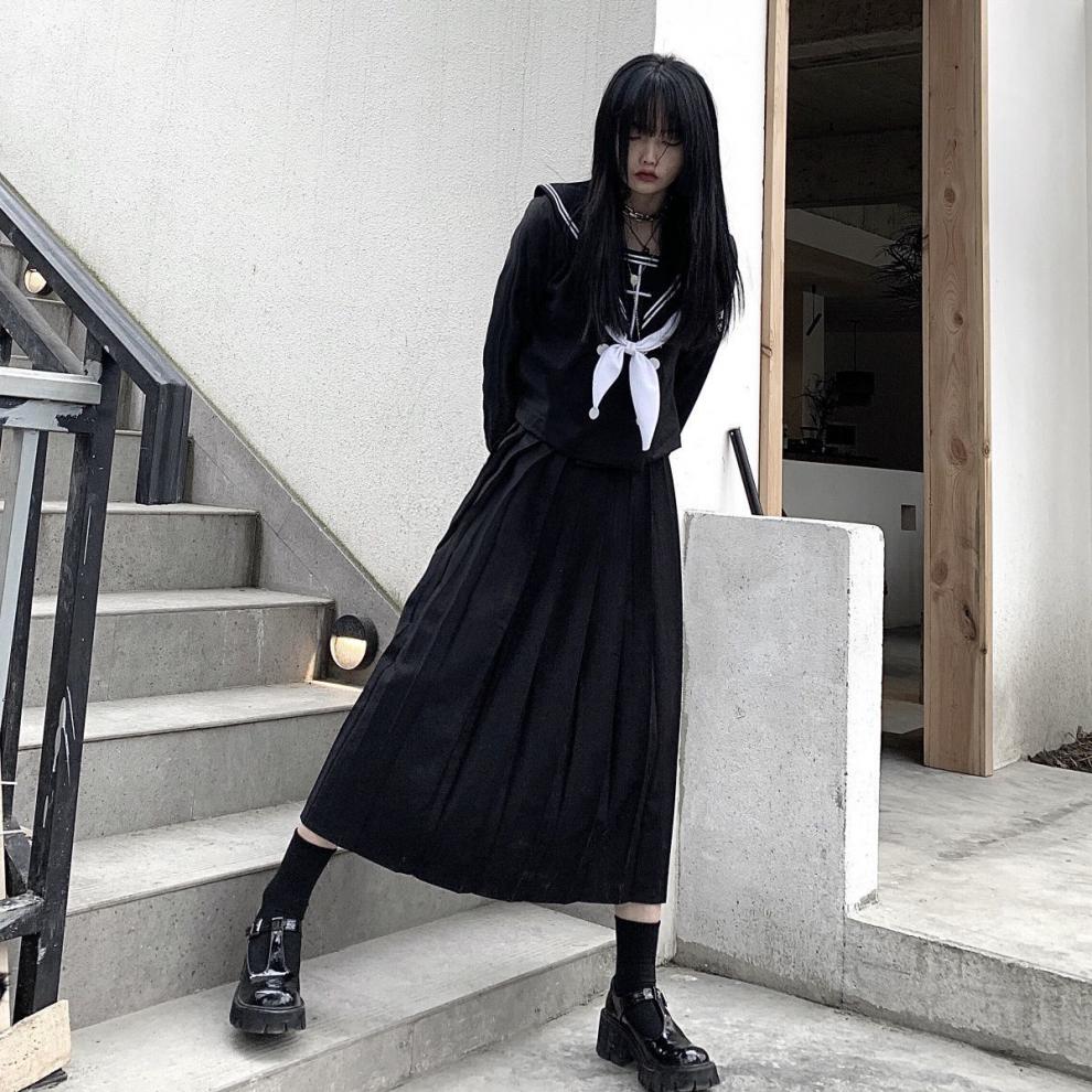 恒佩暗黑系不良jk制服学院风女生水手服套装s52透明长袖中长裙m