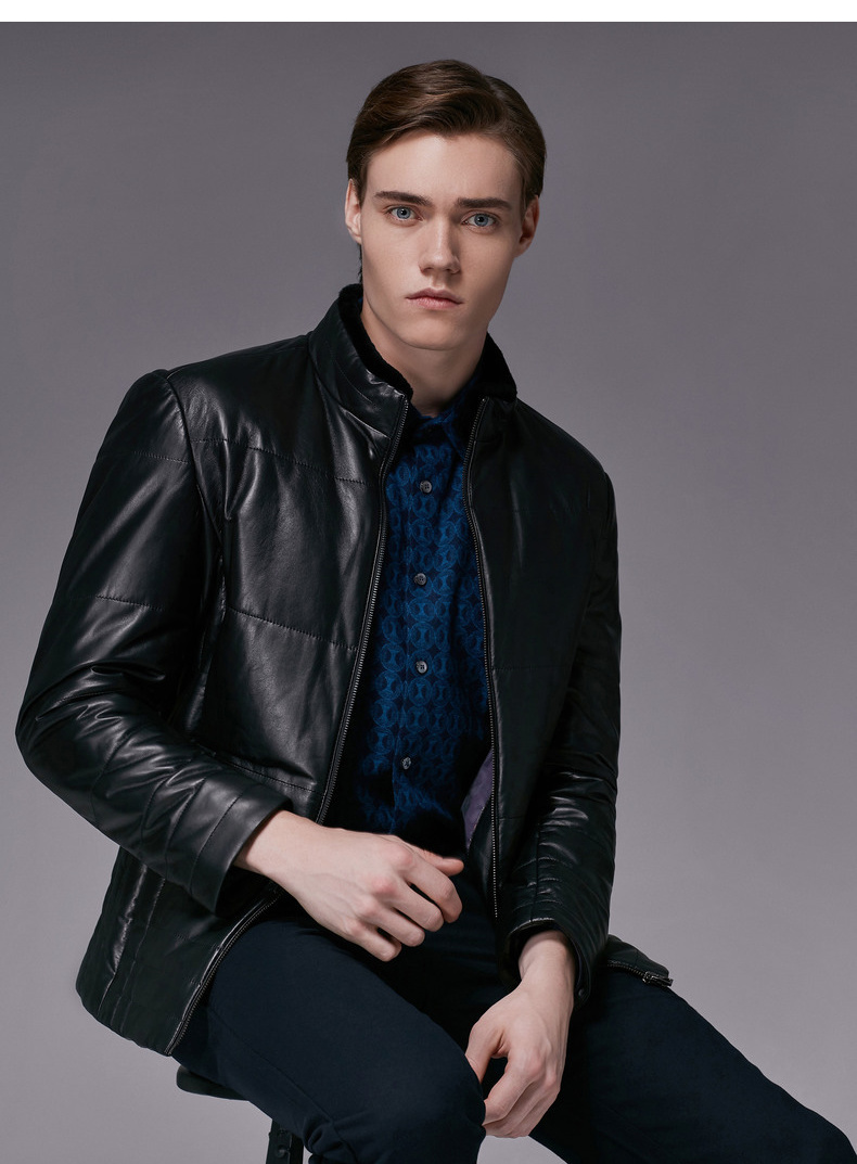 劲霸男装夹克男2018年秋季新款皮装干练黑色男士外套hpll4375 黑色