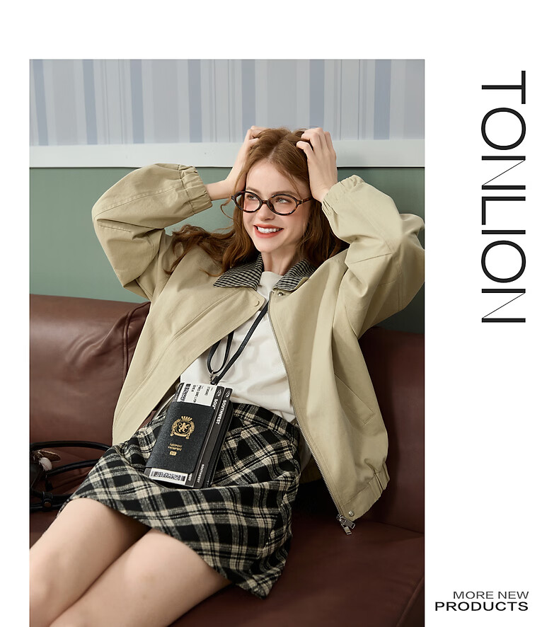 TonLion 2026 Spring Autumn New Women's Lapel Short Jacket Loose Khaki Zipper Commuter Style Patchwork Casual 8