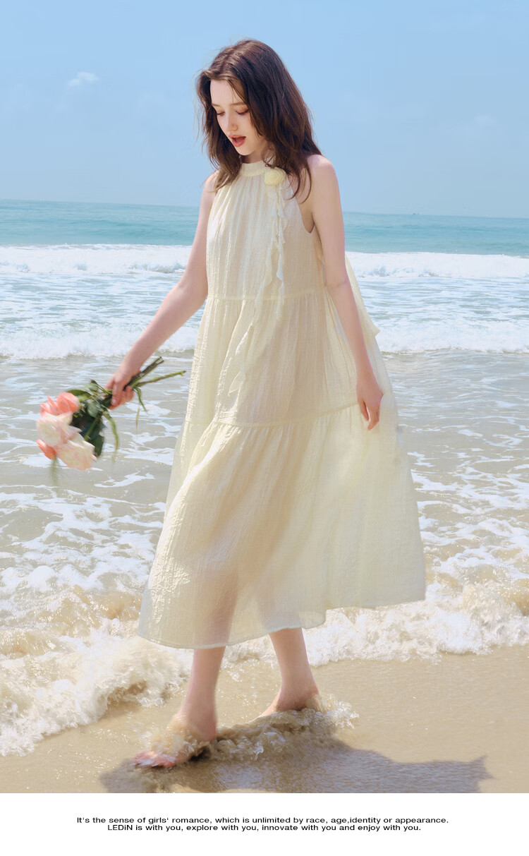 LeTing Camellia Girl Textured Halter Neck Long Dress Vacation Style Ribbon Dress Pink (In Stock) M 15