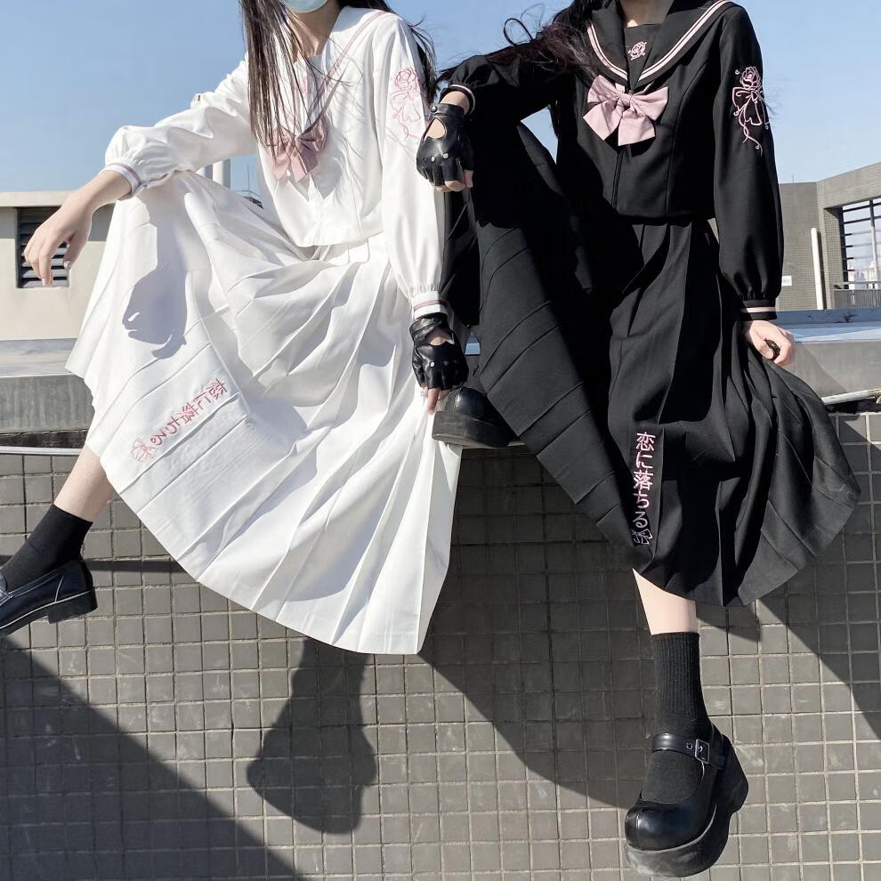 日系正统jk制服裙黑白玫瑰骑士双子暗黑不良2021白色色单件长袖领结m