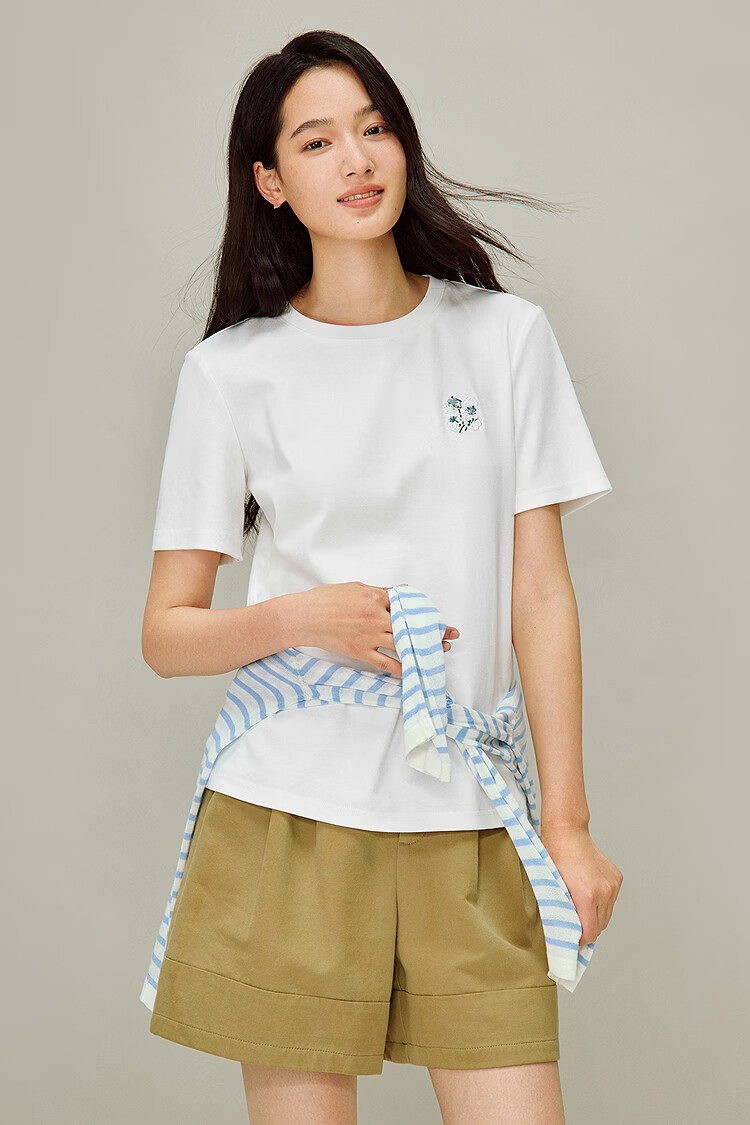 INMAN White Casual Crew Neck Embroidered T-Shirt 2026 Spring New Loose Fit Short Sleeve Top Coffee Color S 2