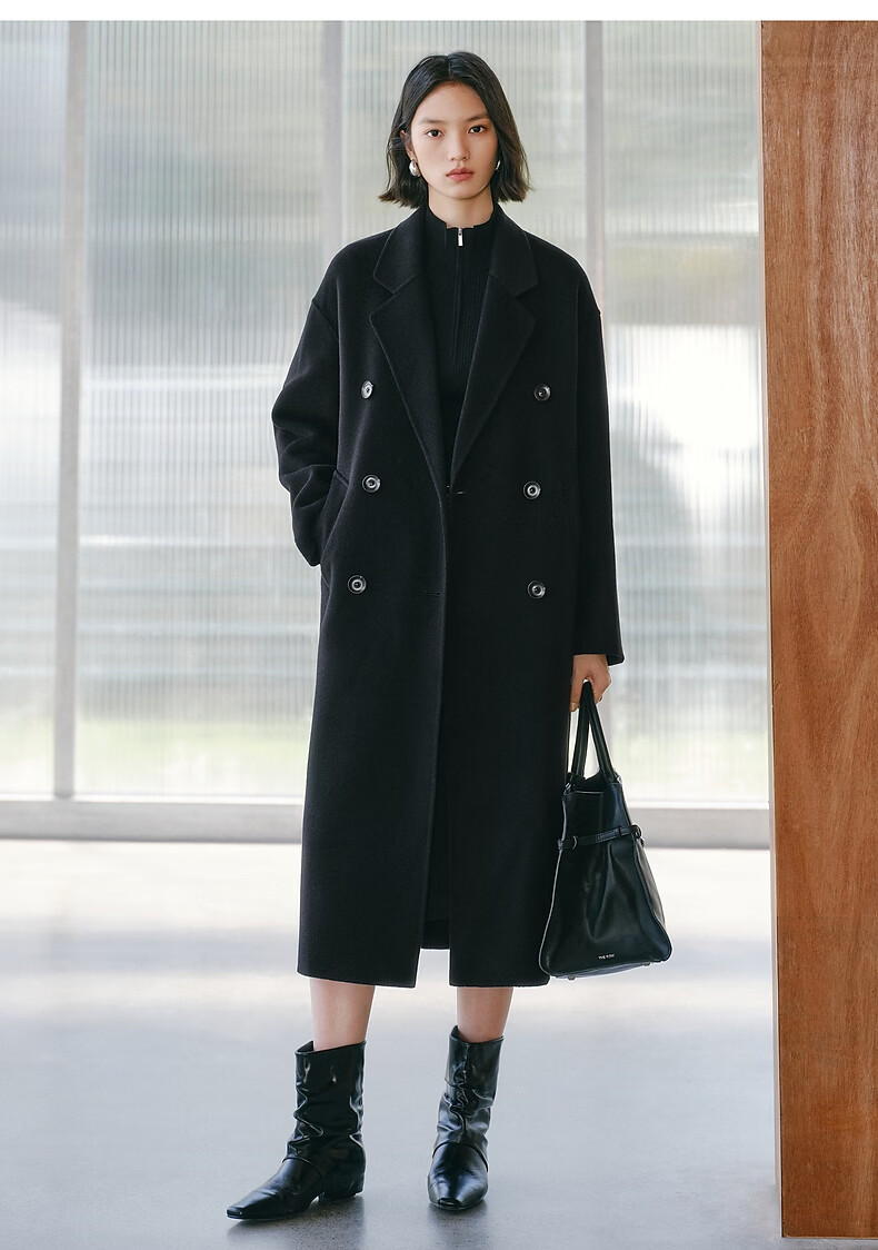Peacebird Women's Woolen Coat Zhenrong Series 2.0 Oversized Double-Faced Wool Jacket Black Six-Button S 13