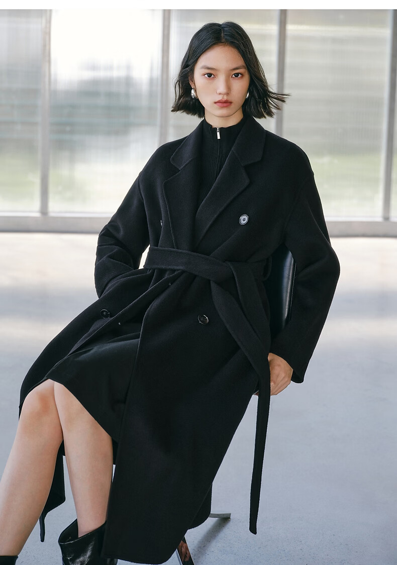 Peacebird Women's Woolen Coat Zhenrong Series 2.0 Oversized Double-Faced Wool Jacket Black Six-Button S 11