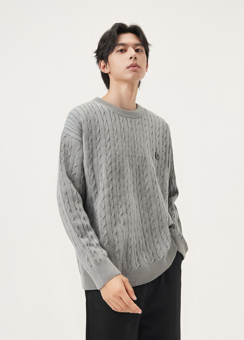 Gxgjeans Men's Embroidered Cable Knit Warm Crew Neck Sweater Knitwear 2025 Winter New Gray Coffee 190/XXXL 7
