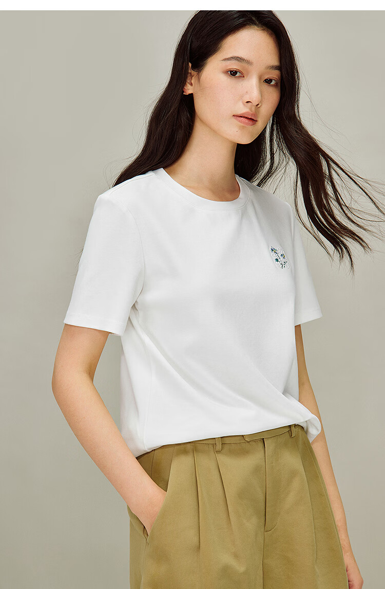 INMAN White Casual Crew Neck Embroidered T-Shirt 2026 Spring New Loose Fit Short Sleeve Top Coffee Color S 9