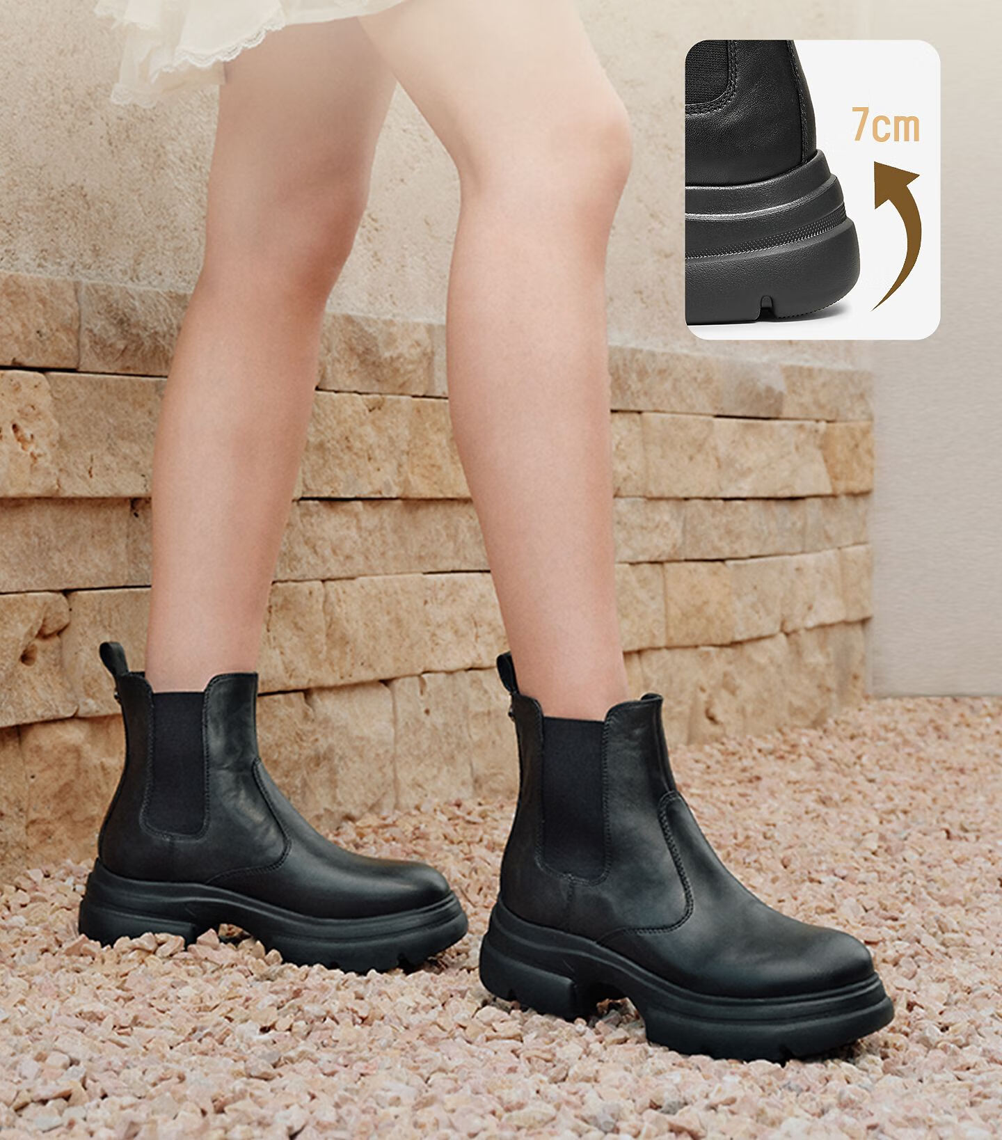 TATA Celebrity Style Leather Shaft Boots Fleece-Lined Thick Sole Chelsea Boots Black (Fleece Lining) Size 35 2