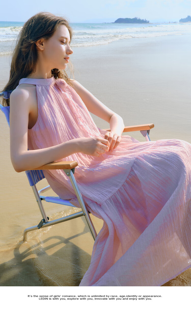 LeTing Camellia Girl Textured Halter Neck Long Dress Vacation Style Ribbon Dress Pink (In Stock) M 9