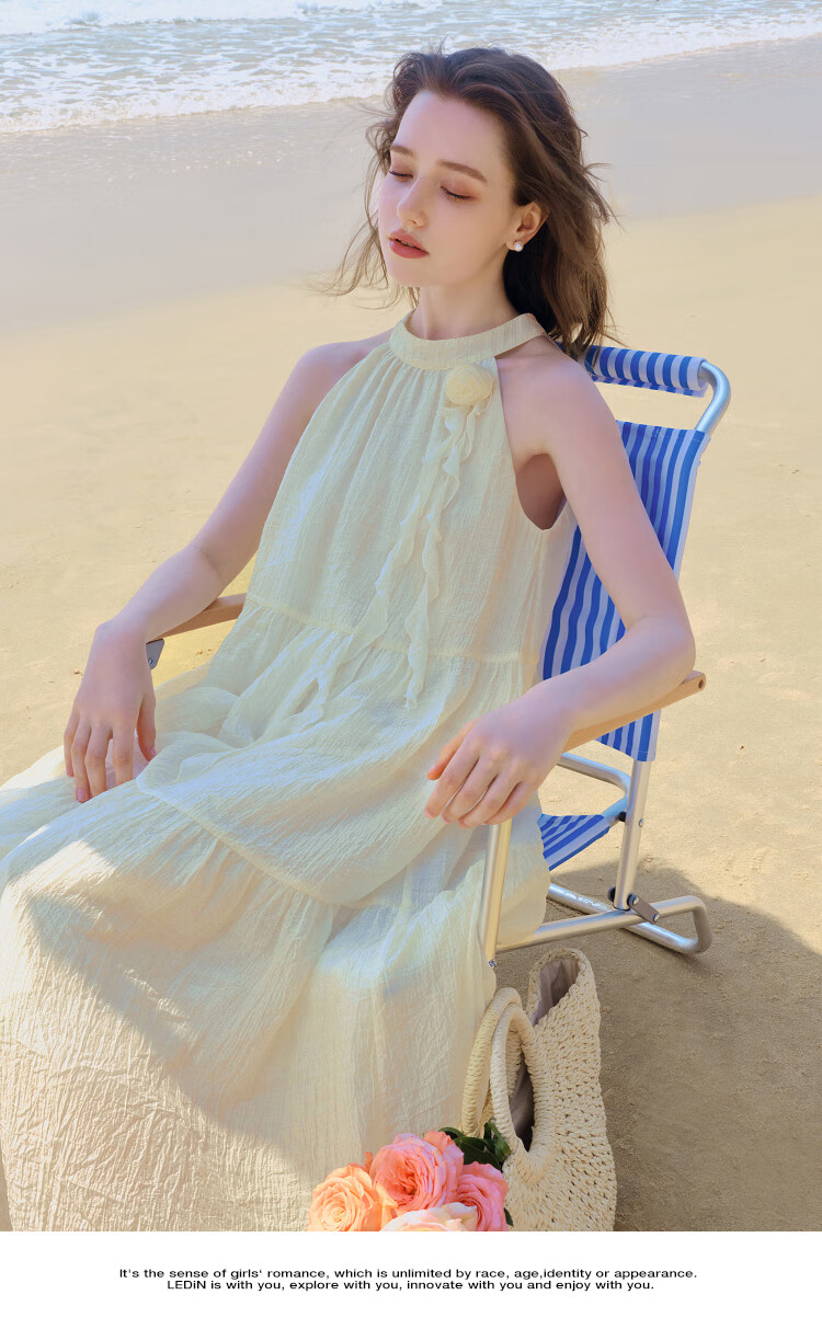 LeTing Camellia Girl Textured Halter Neck Long Dress Vacation Style Ribbon Dress Pink (In Stock) M 14