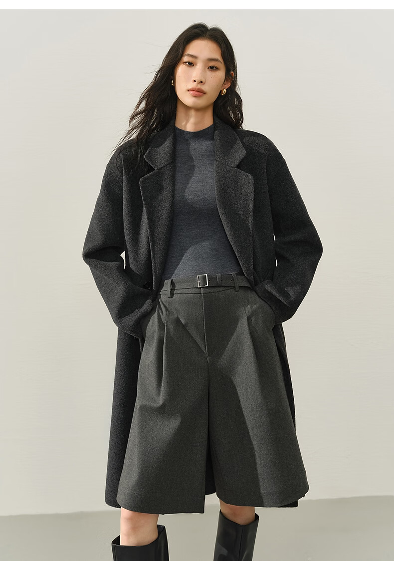 Peacebird Women's Woolen Coat Zhenrong Series 2.0 Oversized Double-Faced Wool Jacket Black Six-Button S 17