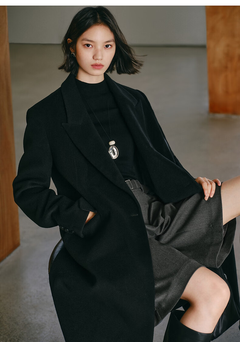 Peacebird Women's Woolen Coat Zhenmao Series Fashionable Elegant Workplace Black Long XS 6