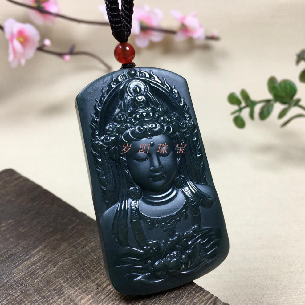 塔青和田玉青玉莲花禅观音吊坠玉牌双面雕刻六字真言祥云项坠挂件岁阳
