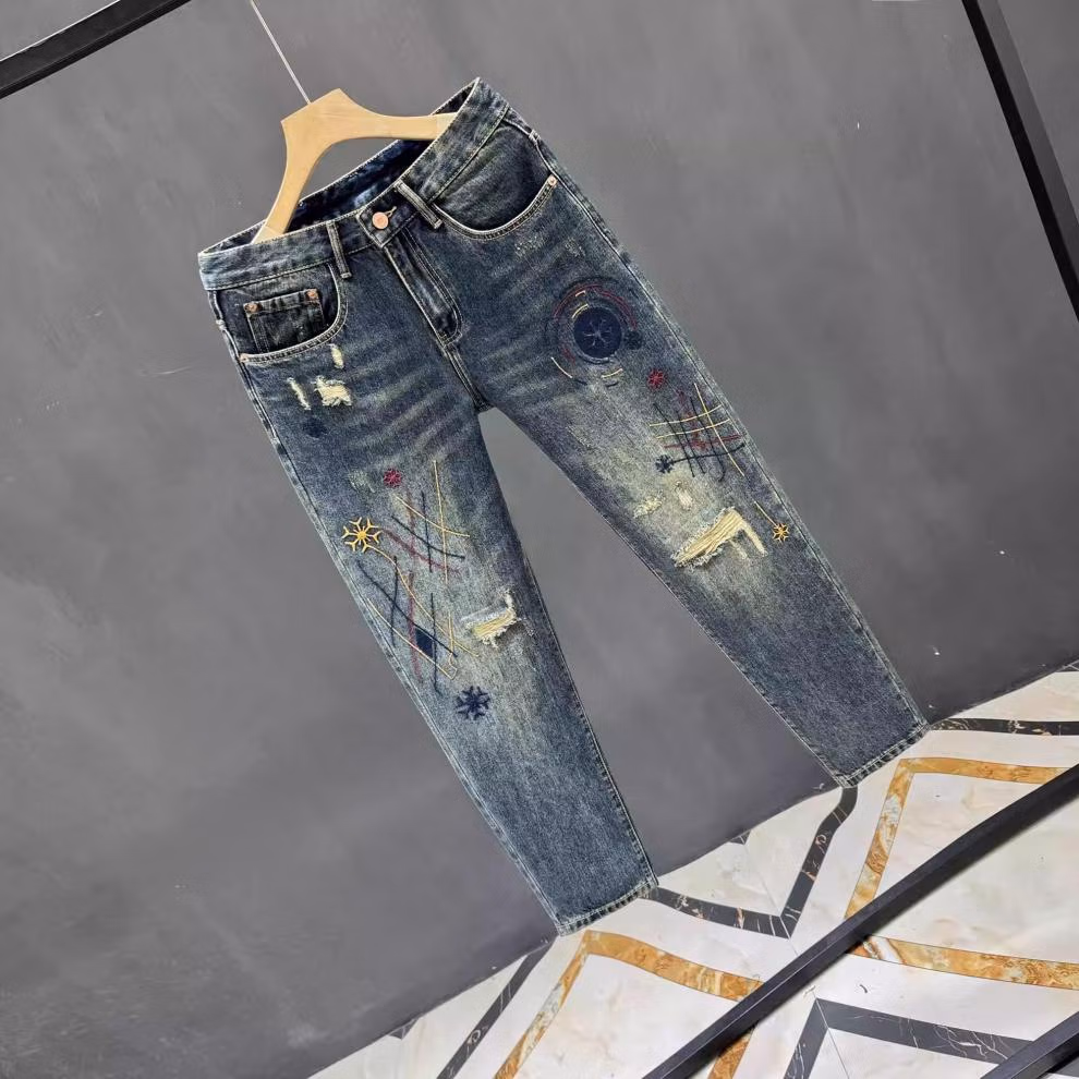 Men's Blue Ripped Patch Jeans American Retro Style Straight Fit_voghion.com
