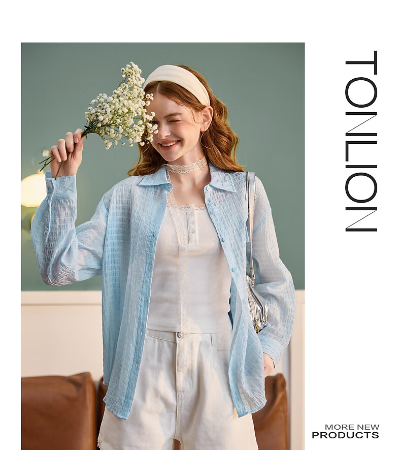 TonLion 2026 Spring Women's Light Blue Long Sleeve Shirt with Lapel Collar M 8