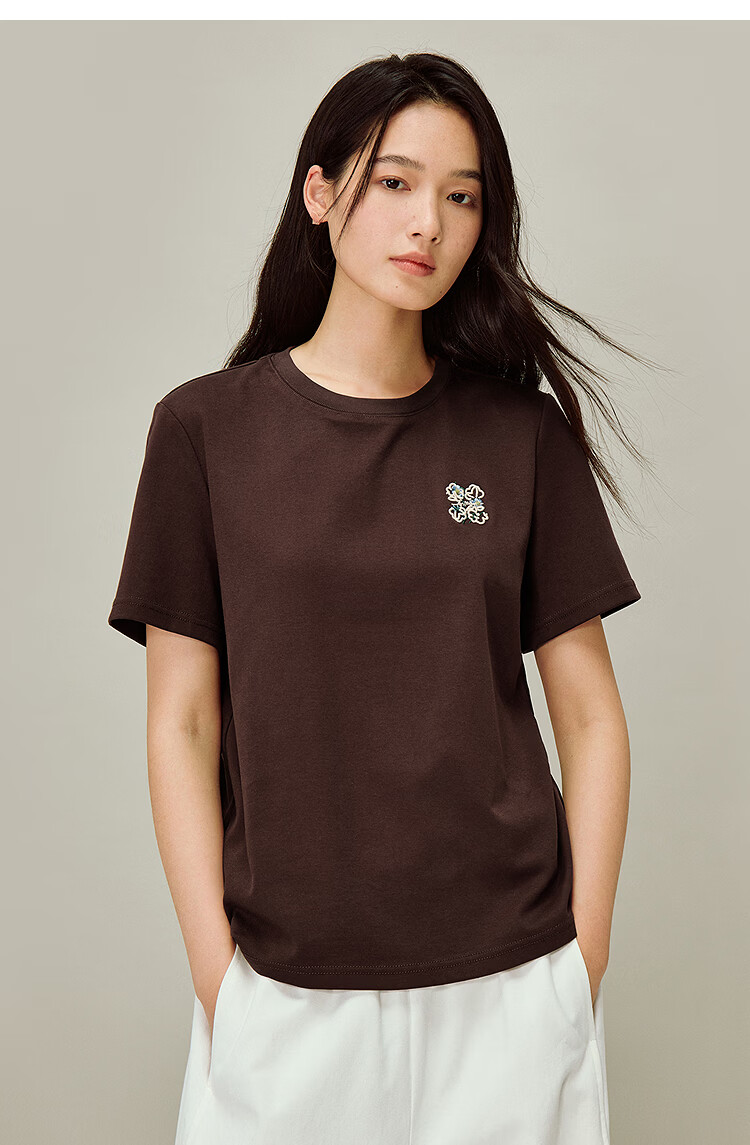 INMAN White Casual Crew Neck Embroidered T-Shirt 2026 Spring New Loose Fit Short Sleeve Top Coffee Color S 13