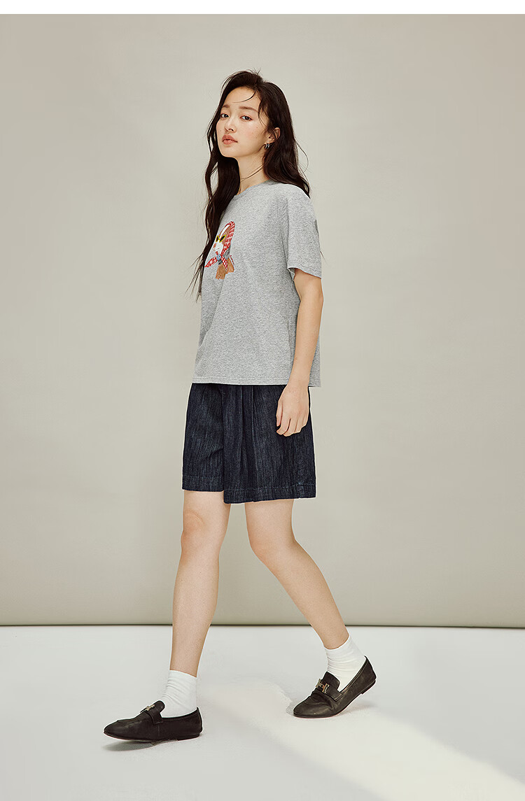INMAN Floral Pet Print 100% Cotton T-Shirt 2026 Spring New Women's Casual Short Sleeve Top Light Gray S 16