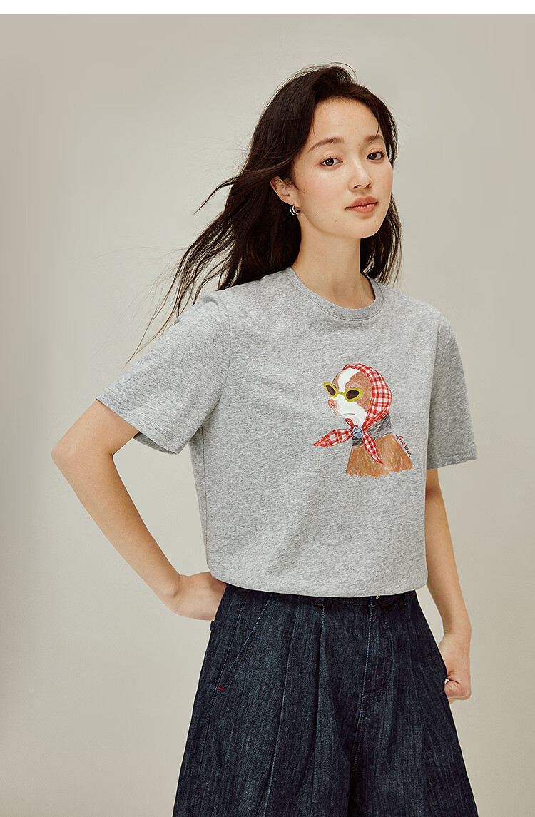 INMAN Floral Pet Print 100% Cotton T-Shirt 2026 Spring New Women's Casual Short Sleeve Top Light Gray S 15