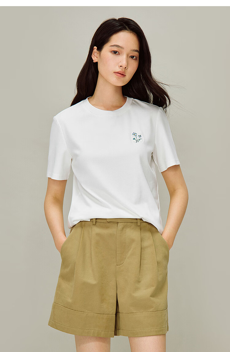 INMAN White Casual Crew Neck Embroidered T-Shirt 2026 Spring New Loose Fit Short Sleeve Top Coffee Color S 8