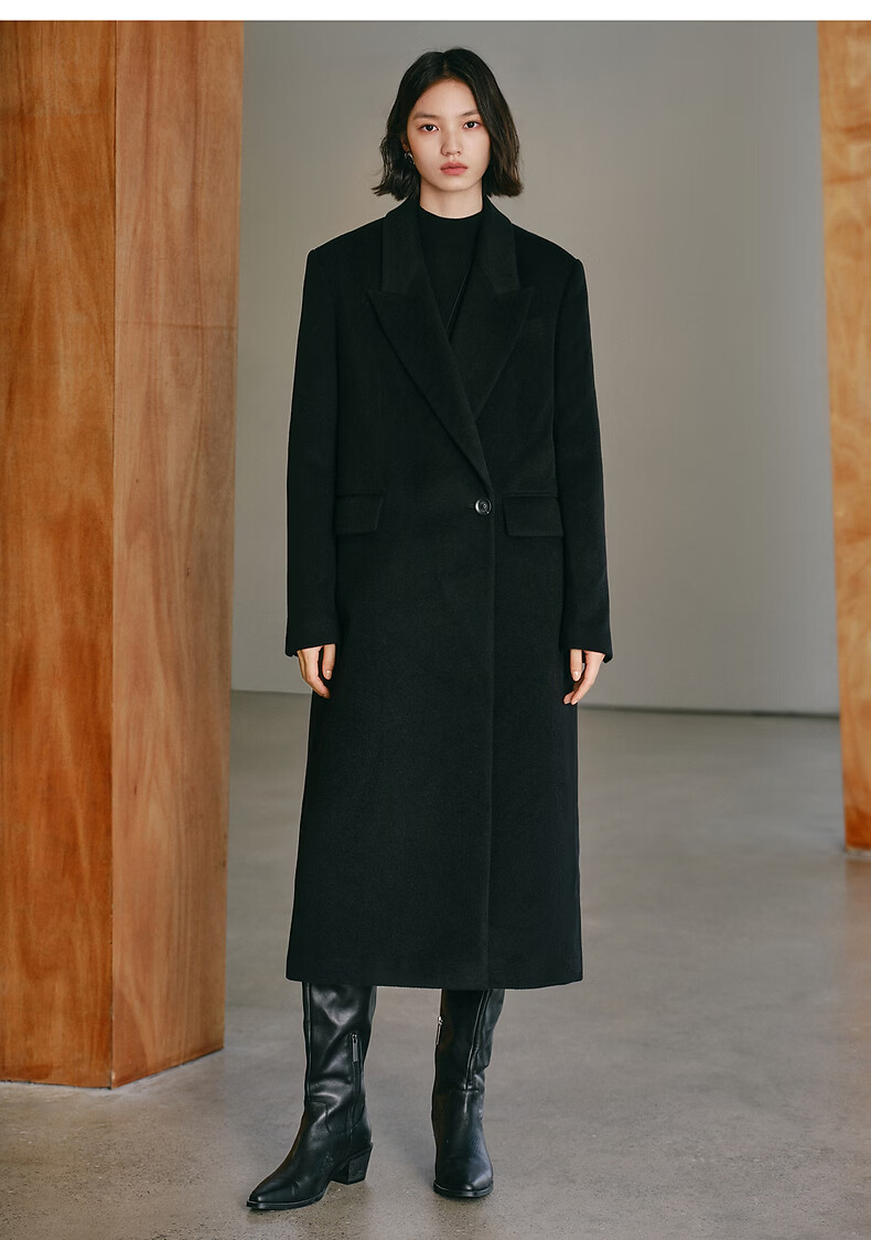 Peacebird Women's Woolen Coat Zhenmao Series Fashionable Elegant Workplace Black Long XS 9