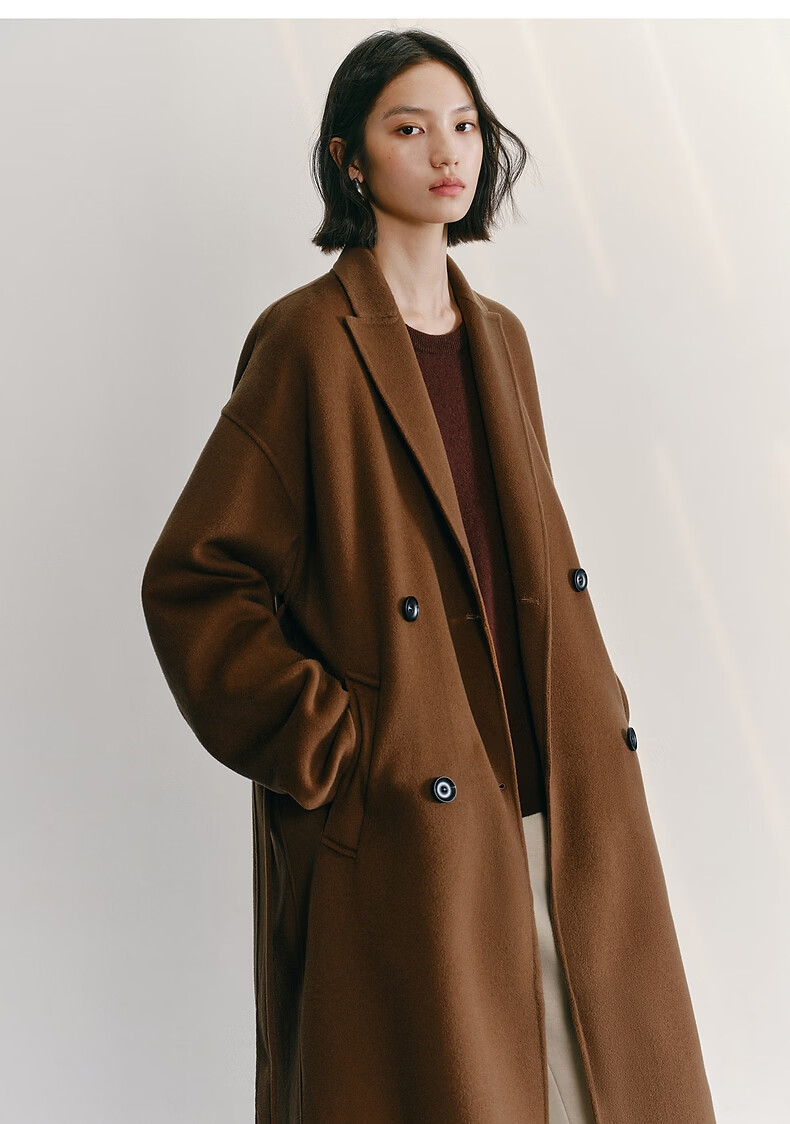 Peacebird Women's Woolen Coat Zhenrong Series Bathrobe Style 2.0 Double-Sided Woolen Jacket D Brown S 9