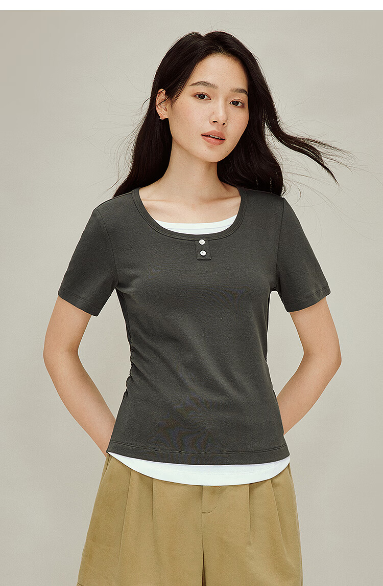 INMAN Colorblock Faux Two-Piece Pleated Waist T-Shirt Summer 2026 Women's New Design Short Sleeve Top in Vermilion Red L 15
