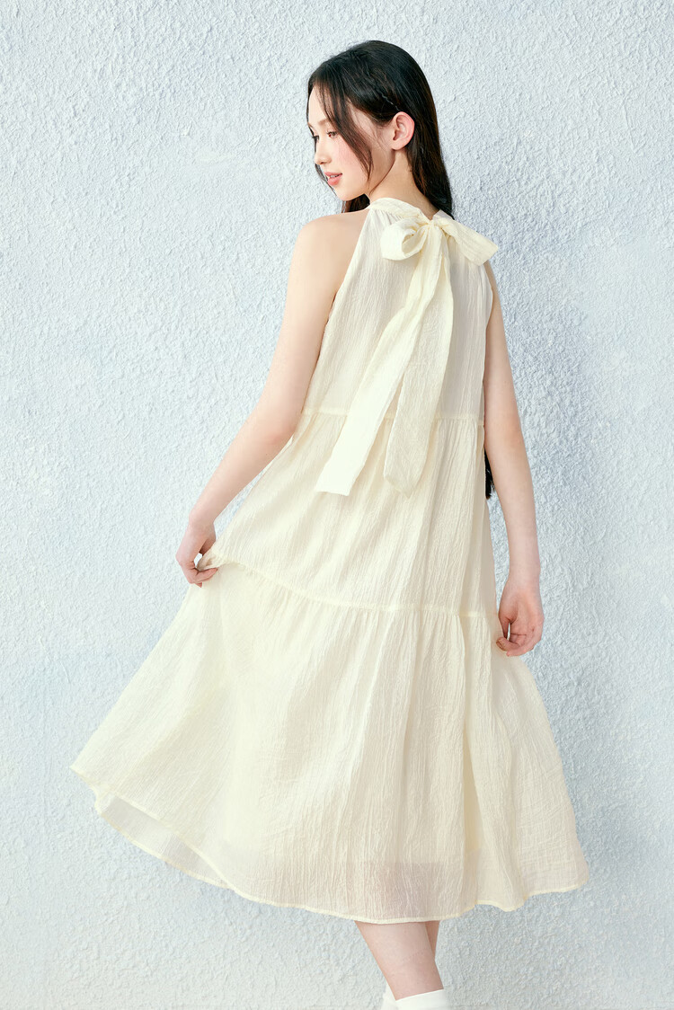 LeTing Camellia Girl Textured Halter Neck Long Dress Vacation Style Ribbon Dress Pink (In Stock) M 18