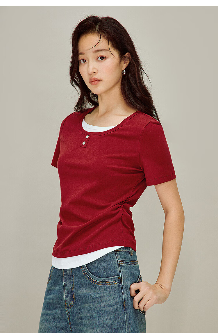 INMAN Colorblock Faux Two-Piece Pleated Waist T-Shirt Summer 2026 Women's New Design Short Sleeve Top in Vermilion Red L 17