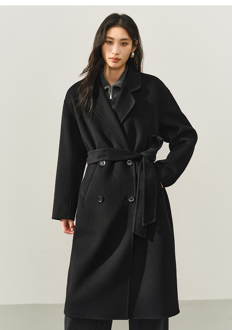 Peacebird Women's Woolen Coat Zhenrong Series 2.0 Oversized Double-Faced Wool Jacket Black Six-Button S 25