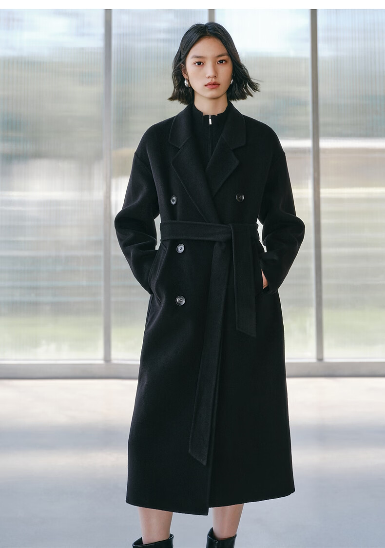 Peacebird Women's Woolen Coat Zhenrong Series 2.0 Oversized Double-Faced Wool Jacket Black Six-Button S 12