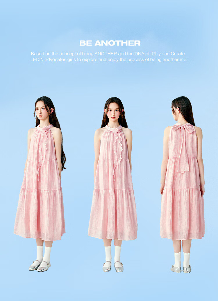 LeTing Camellia Girl Textured Halter Neck Long Dress Vacation Style Ribbon Dress Pink (In Stock) M 3