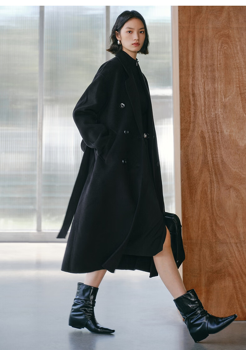 Peacebird Women's Woolen Coat Zhenrong Series 2.0 Oversized Double-Faced Wool Jacket Black Six-Button S 15
