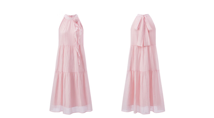 LeTing Camellia Girl Textured Halter Neck Long Dress Vacation Style Ribbon Dress Pink (In Stock) M 6