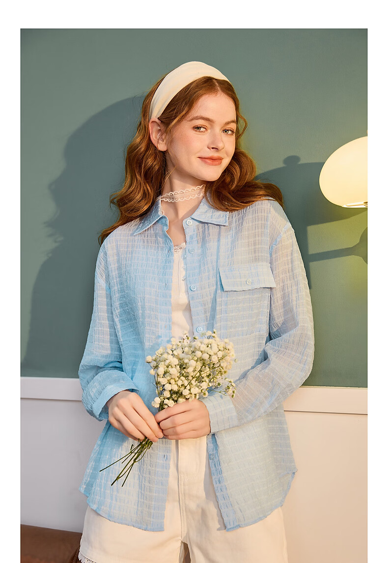 TonLion 2026 Spring Women's Light Blue Long Sleeve Shirt with Lapel Collar M 9