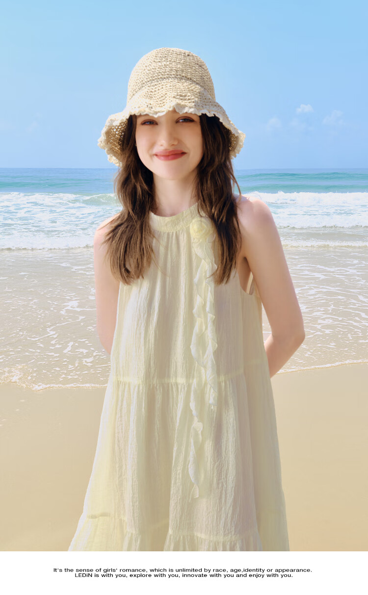 LeTing Camellia Girl Textured Halter Neck Long Dress Vacation Style Ribbon Dress Pink (In Stock) M 16