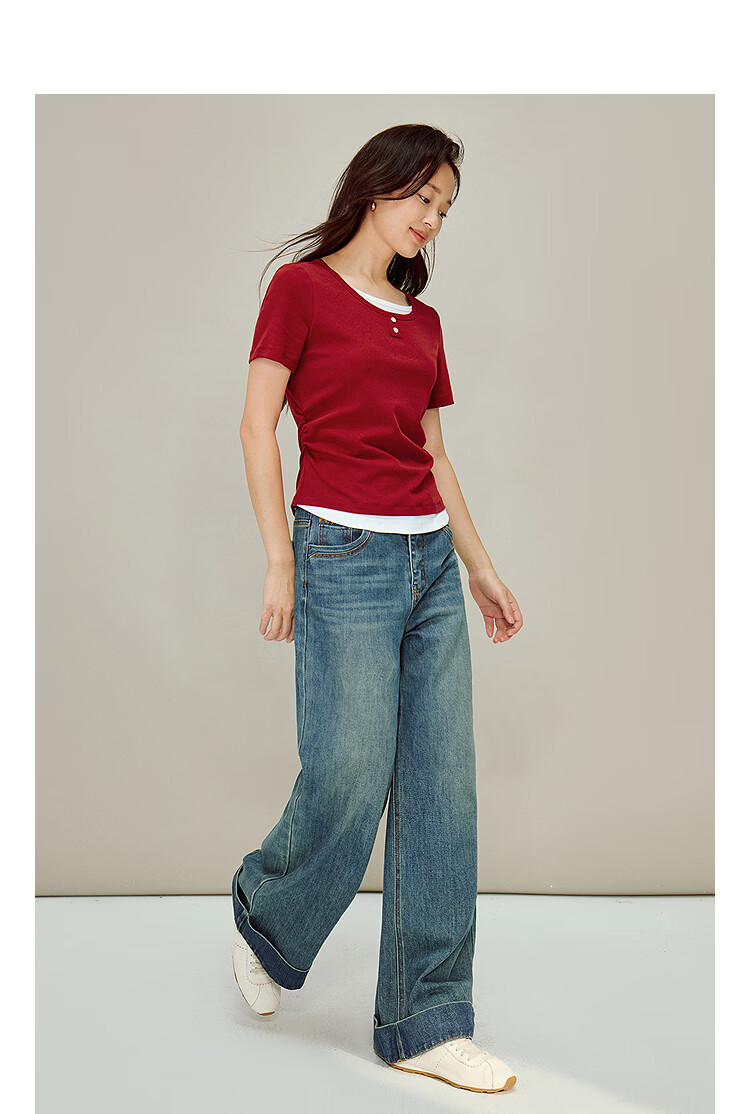 INMAN Colorblock Faux Two-Piece Pleated Waist T-Shirt Summer 2026 Women's New Design Short Sleeve Top in Vermilion Red L 4