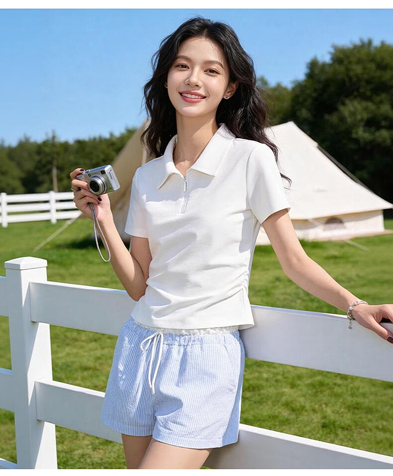 Baleno Gathered Polo Short Sleeve T-Shirt Women 2026 Summer New Fashion Casual Breathable Shoulder Slimming Top 11