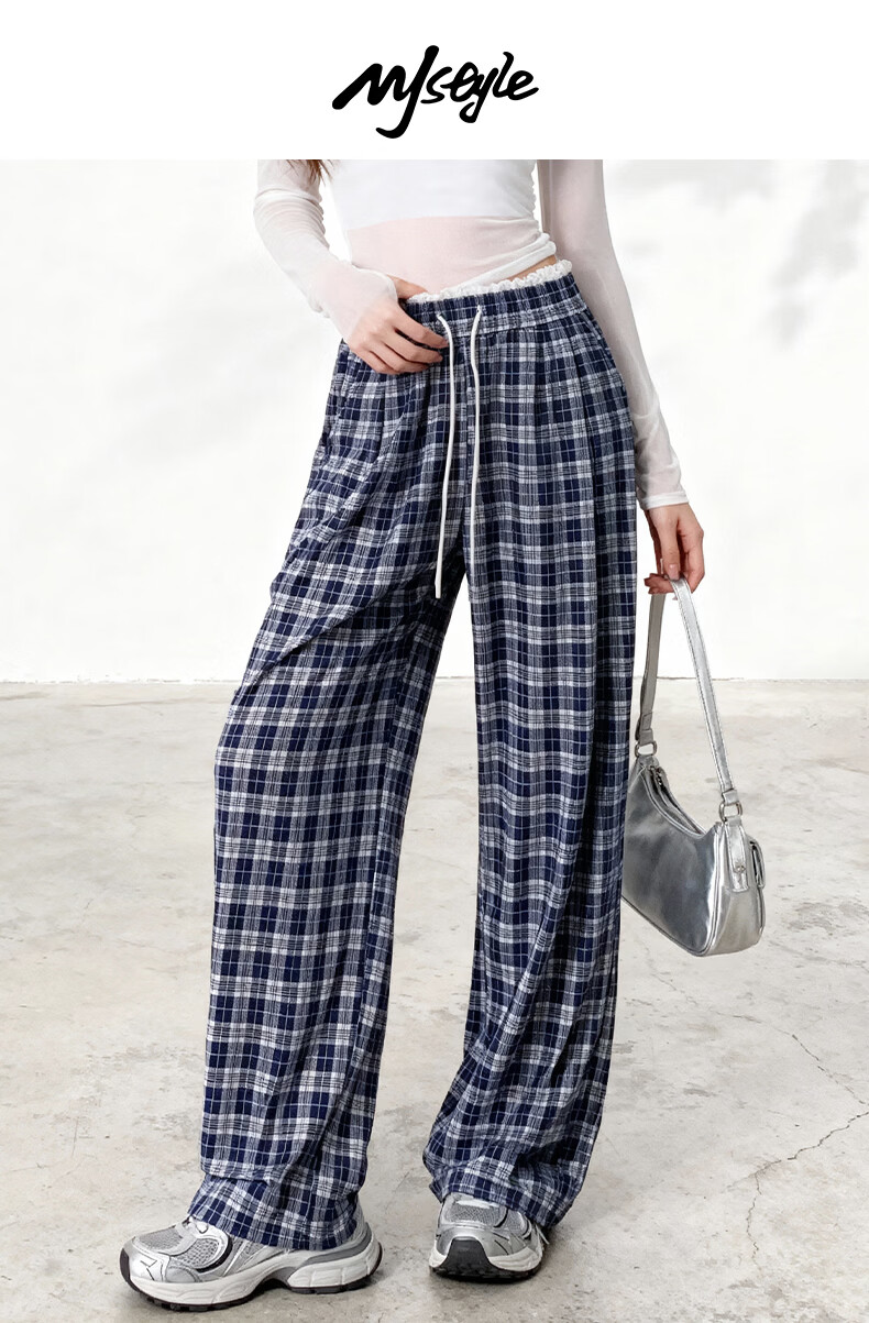 MJ STYLE Plaid Wide-Leg Pants for Women 2026 Spring Summer New Patchwork Check Design Draped Loose Casual Trousers 3
