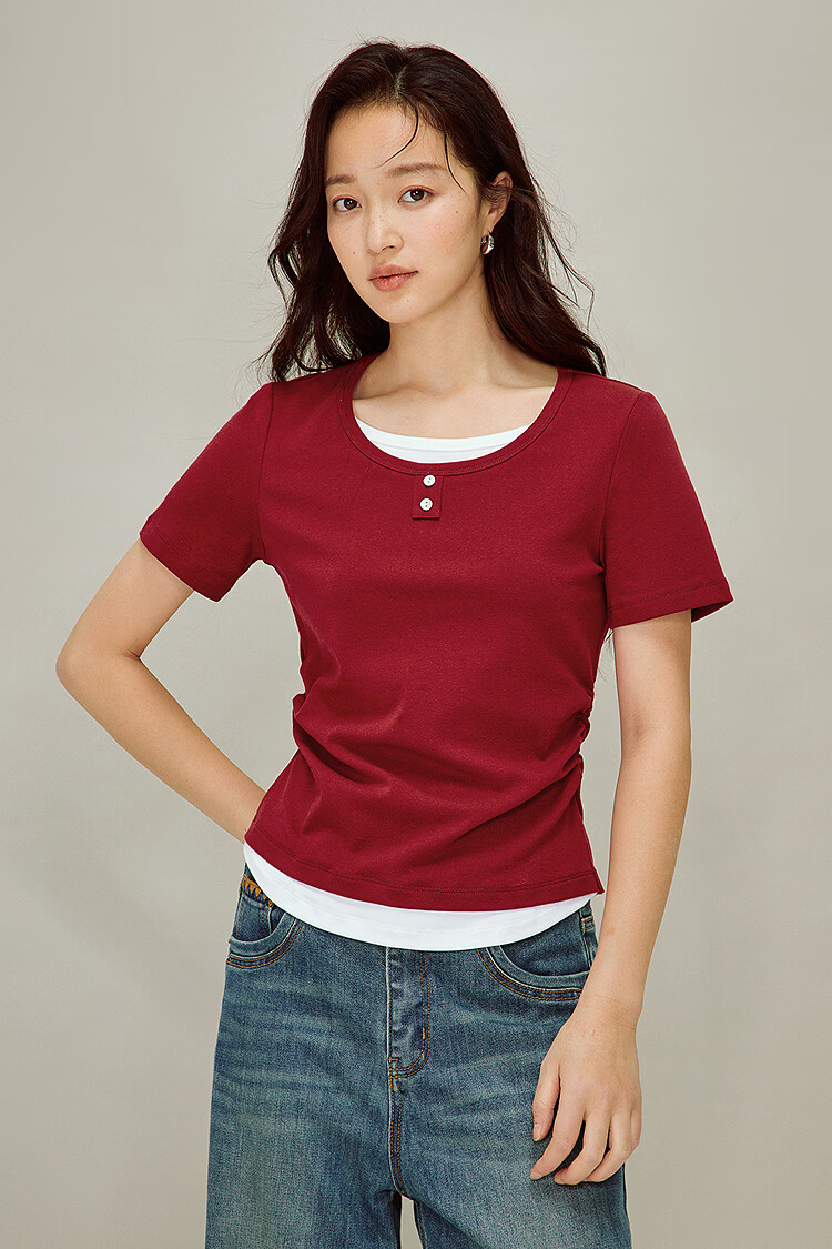 INMAN Colorblock Faux Two-Piece Pleated Waist T-Shirt Summer 2026 Women's New Design Short Sleeve Top in Vermilion Red L 2