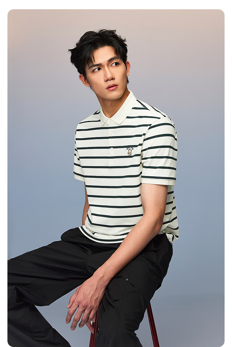 HLA Short-Sleeve Polo Shirt for Men, 2026 Year of The Horse, Turn-Down Collar, Striped Short T-Shirt for Men, Summer Wear 4