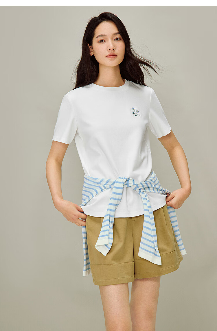 INMAN White Casual Crew Neck Embroidered T-Shirt 2026 Spring New Loose Fit Short Sleeve Top Coffee Color S 10