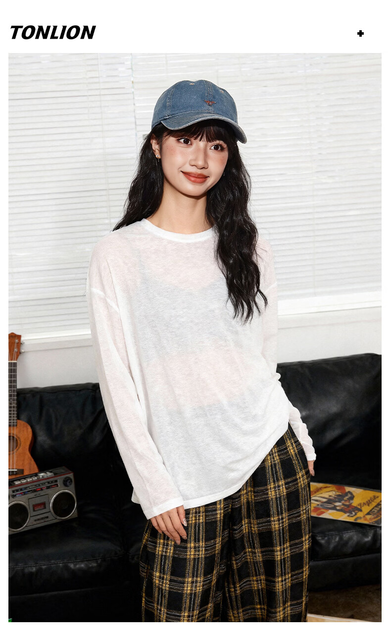 TonLion Women's Long Sleeve Loose Tencel Breathable Round Neck T-Shirt Summer New Trendy Top 9