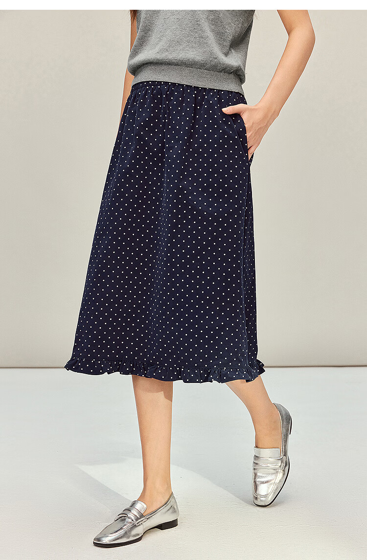 INMAN Vintage Polka Dot Ruffle Hem Cotton A-Line Skirt Blue White Dots L Spring 2026 Women's New 9